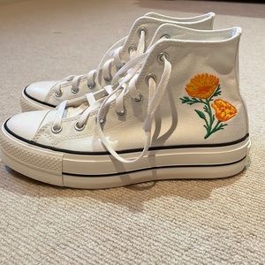 CONVERSE, never worn, white with embroidered flower, platform